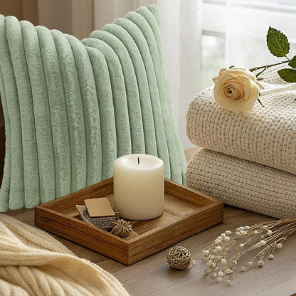 decorUhome Summer Cozy Faux Fur Throw Pillow Covers 16x16 Set of 2 Decorative Soft Plush Striped Modern Farmhouse Boho Couch Pillow Cases with Velvet Back for Sofa Bed Living Room, Sage Green