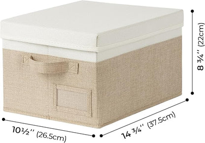 GRANNY SAYS Storage Basket with Lid, Linen Fabric Storage Bins with Label, Decorative Storage Boxes, Clothes Storage and Organization, Memory Keepsake Box, 3-Pack, Medium, Khaki&Ivory