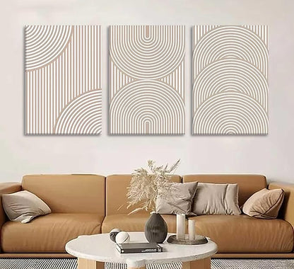 3Pcs Beige Neutral Canvas Wall Art Boho Minimalist Line Paintings Abstract Beige and White Line Wall Decor Mid Century Geometric Posters Prints for Living Room Bedroom Office Art Pictures Framed