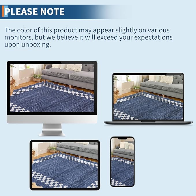 Rug Runners for Hallways 2x8 Washable Kitchen Runner Rug Non Slip Low Pile Bedside Throw Carpet Modern Bordered Bathroom Runners Checkered Area Rug for Living Room Bedroom Entryway Nursery, Blue