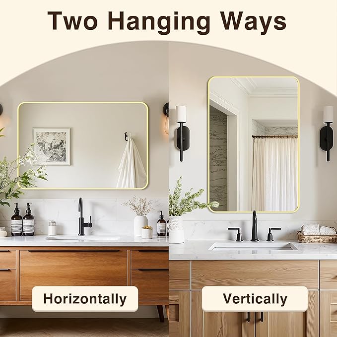 Bathroom Vanity Mirror for Wall, 30"x20" Wall Mounted Bathroom Mirror for Over Sink with Sturdy Metal Frame, Vertical or Horizontal, Living Room, Bedroom, Entryway(Gold)