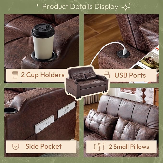 VINGLI Rustic Futon Sofa Bed Convertible Loveseat Sleeper Sofa Couch, Pullout Sofa Fold Out Couch Bed with USB Ports, Cup Holders, Armrest for Living Room, Bedroom Apartment Room | Loveseat Sleeper