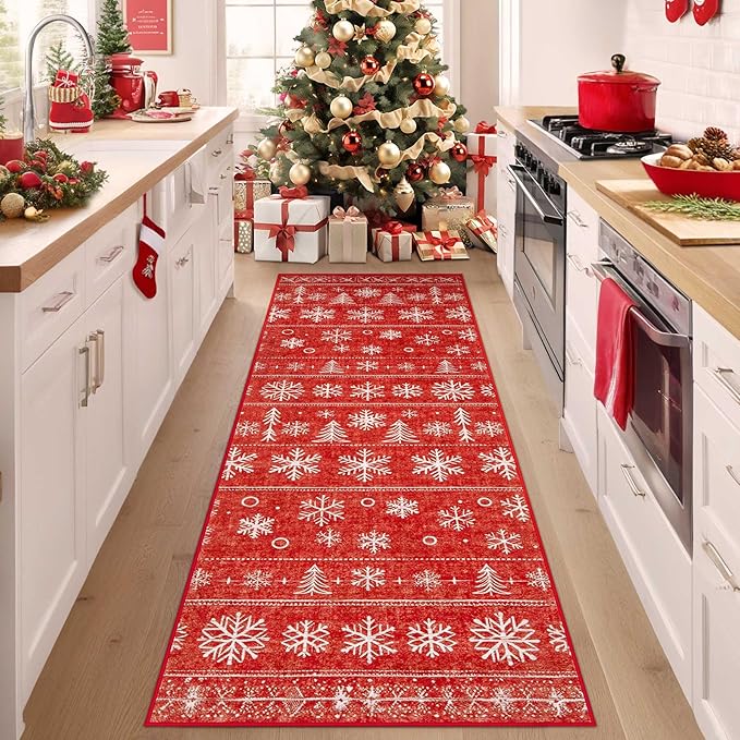 Christmas Area Rug 2x6 Runner Rugs: Washable Xmas Holiday Decor Hallway Rug Snowflake Low Pile Boho Rugs Long Indoor Floor Carpet for Kitchen Bedroom Dining Room(Xmas Red, 2'x6')