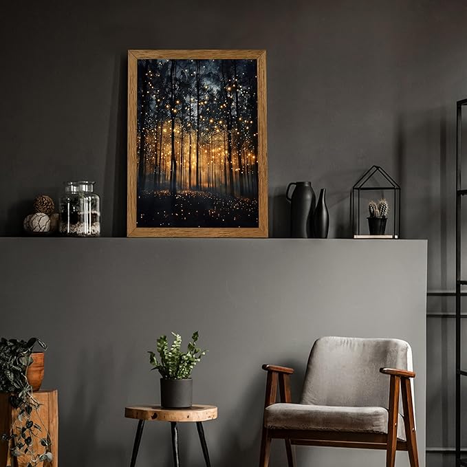 JLTULT Framed Enchanted Forest Firefly Canvas Wall Art, Dark Twilight Landscape Wall Decor, Rustic Botanical Nature Tree Art Prints for Bedroom Living Room Office Decoration 16x24 inch Easy to Hang