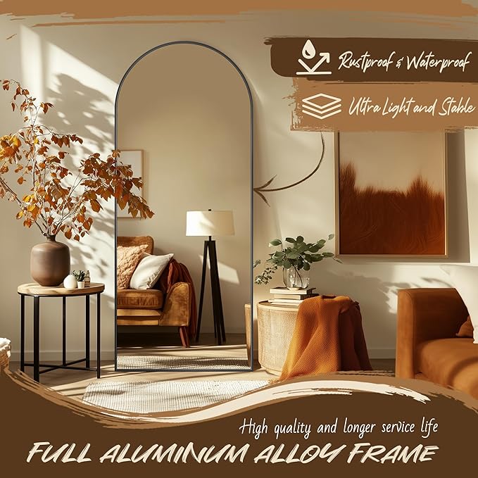 Antok Full Length Floor Mirror Arched Standing Mirror with Aluminum Frame - Freestanding Wall Mount Leaning Body Mirror for Bedroom Living Room Entryway, 58" L x 18" W, Black