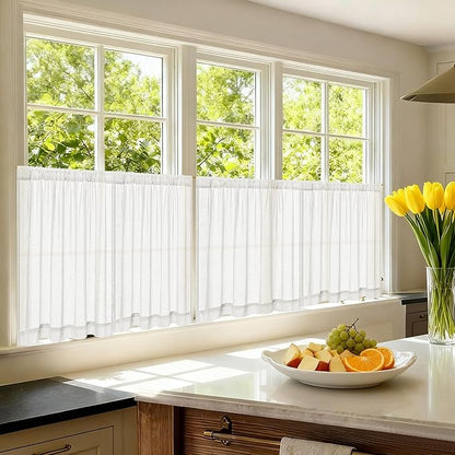 Semi Sheer Kitchen Curtains for Small Windows Light Filtering Curtains 24 inch Length Cream Boho Farmhouse Rod Pocket Cafe Drapes for Basement Bathroom Window Treatments, 25x24 Inch 2 PCS