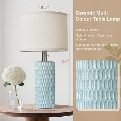 Reaketon 20.5" Modern Ceramic Table Lamps for Bedroom Set of 2, Bedside Lamps for Night Stands with Beige Lampshade, Farmhouse Table Lamp for Living Room Office Dorm, Sky Blue