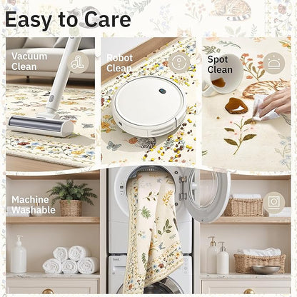 Soalmost Cat 3x5 Area Rugs for Entryway, Machine Washable Animal Floral Accent Rug Non-Slip Low Pile Soft Throw Rugs for Kitchen Bedside Living Room Bedroom Kids Room (3 x 5,Beige)
