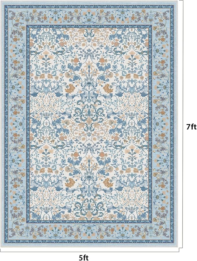 AMADA HOMEFURNISHING 5x7 Area Rug, Washable Living Room Rug with Non-Slip Backing, Low Pile and Durable Edge Binding, Vintage Soft Floral Rugs for Living Room, Bedroom, Dining Room