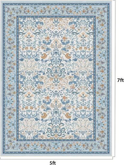 AMADA HOMEFURNISHING 5x7 Area Rug, Washable Living Room Rug with Non-Slip Backing, Low Pile and Durable Edge Binding, Vintage Soft Floral Rugs for Living Room, Bedroom, Dining Room