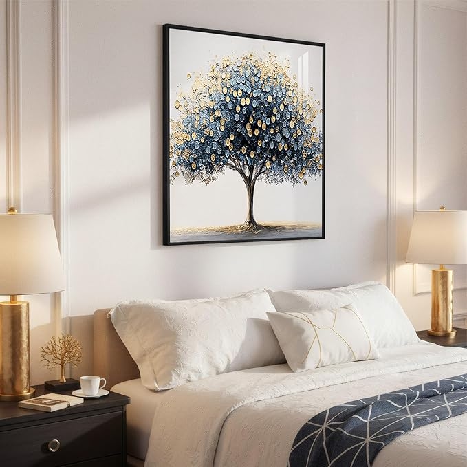 Framed Square Tree of Life Wall Art, Blue Gold Modern Money Tree Painting Prints, Minimalist Elegant Luxury Abstract Tree Artwork for Living Room Bedroom Kitchen Hallway Office Home Decor, 30x30 Inch