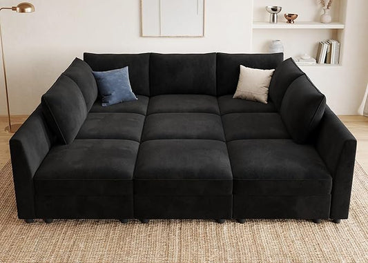 HONBAY Modular Sectional Sleeper Sofa with Storage Modular Convertible Sectional Couch Bed Modular Sectional Couches for Living Room,Black