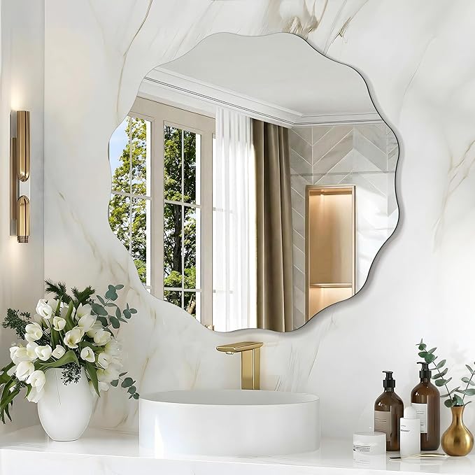 CILIBER Frameless Wavy Round Mirror, 24'' Scalloped Circle Wall Mirror, 3mm Tempered Glass Decorative Bathroom Vanity Mirror, Mounting/Leaning for Mantel, Living Room, Bedroom and Entryway