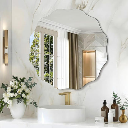 CILIBER Frameless Wavy Round Mirror, 24'' Scalloped Circle Wall Mirror, 3mm Tempered Glass Decorative Bathroom Vanity Mirror, Mounting/Leaning for Mantel, Living Room, Bedroom and Entryway