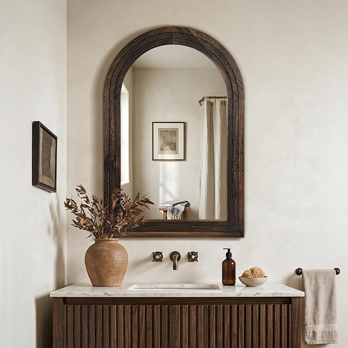 TRAHOME Arched Bathroom Mirror, 36"x24" Brown Wood Frame Wall Mirror, Farmhouse Vintage Vanity Mirror with Layered Frame for Entryway, Living Room, Bedroom