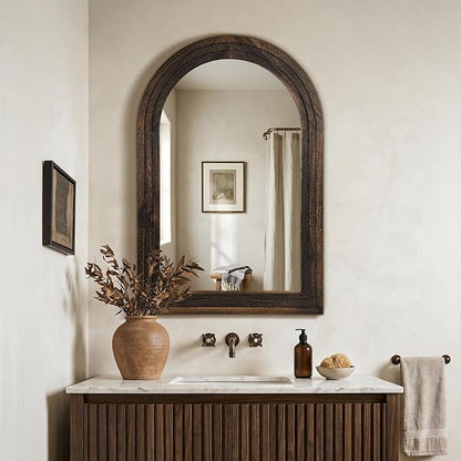 TRAHOME Arched Bathroom Mirror, 36"x24" Brown Wood Frame Wall Mirror, Farmhouse Vintage Vanity Mirror with Layered Frame for Entryway, Living Room, Bedroom