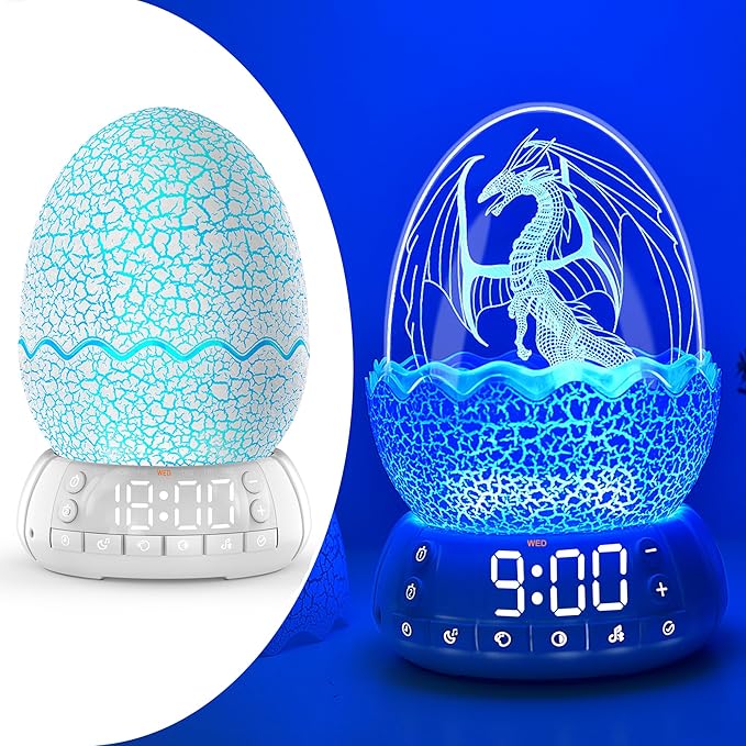 Dragon Egg Digital Clock Ok to Wake Up Alarm Clock with Portable Egg Night Light/Sleep Training Machine/Bluetooth Speaker, Illuminated Buttons Control Color Volume Brightness