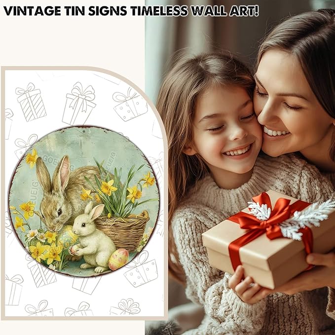 Easter Floral Wreath Metal Sign Round Bunny Design Rustic Farmhouse Decor For Spring Home Door Wall Seasonal Display 12X12Inch