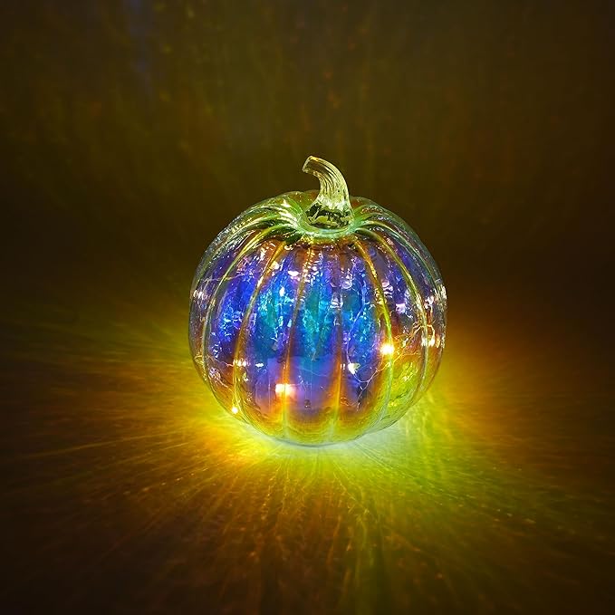 Colorful Mercury Glass Pumpkin with Built-in LED Light - Enhance Your Fall Decor with Magical Glow-Perfect Harvest Festival Decorations and Gift