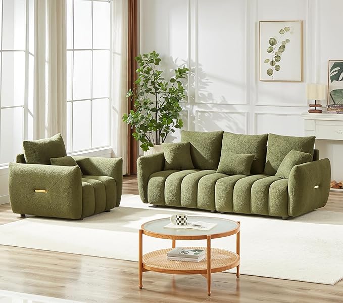 Antetek Set of 3 Teddy Sofa for Living Room, Modern 2 Units Deep Seat Sofa Chairs and an Oversized 3-Seater Cloud Boucle Couch for Bedroom, Office, Apartment, Furniture Set, Green (3 Pieces)