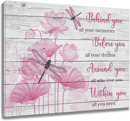 LB Pink Floral Inspirational Wall Art Vintage Farmhouse Flower with Dragonfly on Wood Canvas Wall Art Modern Aesthetic Wall Decor for Bedroom Bathroom Living Room Framed Ready to Hang 8L x 10W