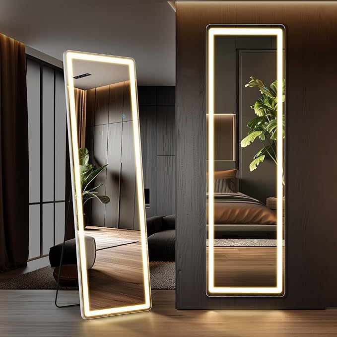 DUMOS 16"×60" LED Full Length Mirror with Lights, Lighted Floor Full Body Mirror with 3 Color Lighting, Wall Mounted Stand Mirror for Bedroom, Dressing Room, Living Room, Bathroom