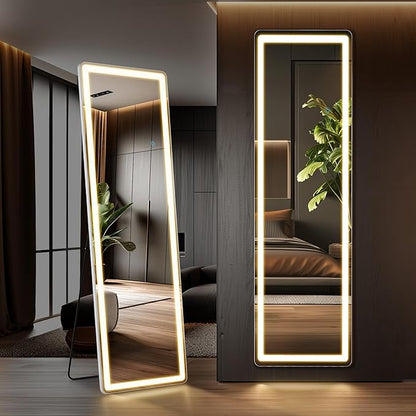 OLIXIS 16"×60" LED Full Length Mirror with Lights, Standing Lighted Floor Full Body Mirror with 3 Color Lighting, Wall Mounted Mirrors for Bedroom, Bathroom, Entryway with Tempered Glass