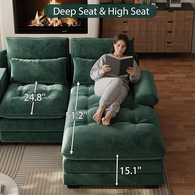 134"U Shaped Sectional Couches for Living Room,Oversized Modular Sectional Fluffy Couch with Chaise Lounge & Tufted Buttons,Modern Chenille 6 Seat Living Room Sofa Set with Storage Console,Green