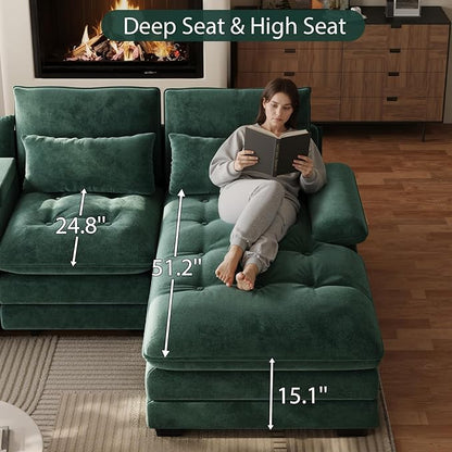 134"U Shaped Sectional Couches for Living Room,Oversized Modular Sectional Fluffy Couch with Chaise Lounge & Tufted Buttons,Modern Chenille 6 Seat Living Room Sofa Set with Storage Console,Green