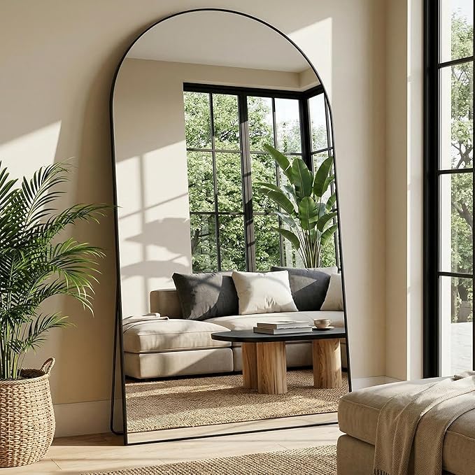 Arched Full Length Mirror 81 x 41 Inch, Full Body Mirror with Stand, Standing Hanging or Leaning Against Wall, Metal Frame Floor Mirror for Bedroom, Living Room, Cloakroom,Black