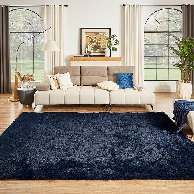 Floralux 8x10 Area Rug for Bedroom, Dark Blue, Large Shag Rugs Living Room Rug, Ultra Soft Shaggy Fluffy Carpet for Playroom, Plush Modern Floor Carpets for Kids Room, Home Office