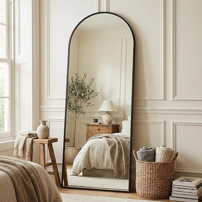 Suidia 65"x22" Arched Full Length Mirror with Stand, Full Body Mirror with Aluminum Frame, Freestanding/Leaning/Wall-Mounted, Floor Mirrors for Bedroom, Living Room, Entryway, Dressing Room, Black