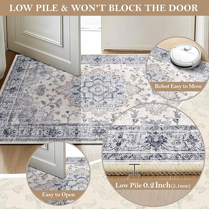 CAPALOCA Machine Washable Rugs Nursery Rug 2x6 Cute Girl Non Slip Low Pile Water Repellent Soft Print Pattern for Bedroom Indoor Decor Kids Playroom Blue White