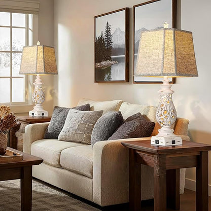 PARTPHONER 29" Table Lamps Set of 2, Bedside Lamps with USB A+C Ports & Night Light, Farmhouse Nightstand Lamps with Linen Fabric Shades for Bedroom Living Room, Antique White (LED Bulbs Included)