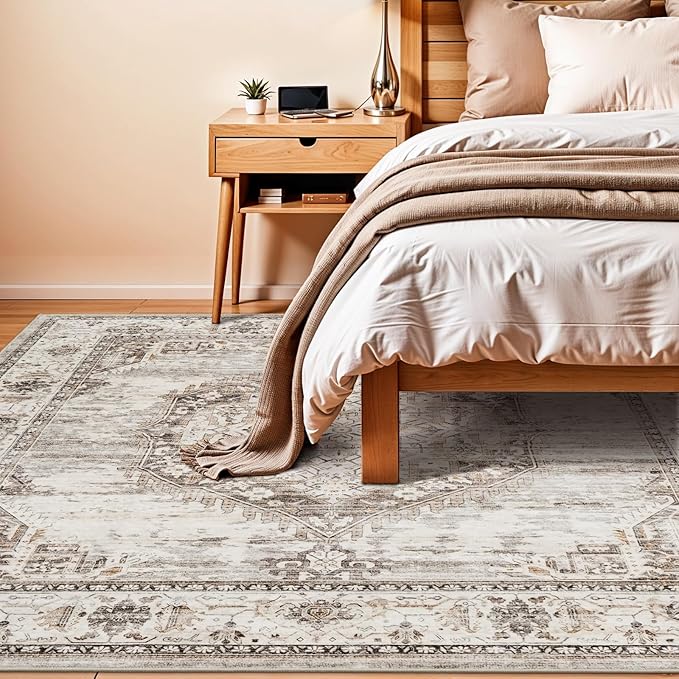 7x7 Area Rug Washable Living Room Rugs: 7ft Square Ultra Thin Soft Oriental Area Rugs Non-Slip Backing Farmhouse Rug Low Pile Thin Stain Resistant Indoor Carpets, 7' x 7' Beige