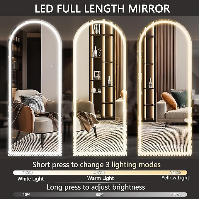 Hasipu 77" x 30" Led Mirror Full Length, Full Length Mirror with Lights Arch Design,Tempered Glass,Shatter-Proof, Dimming & 3 Color Modes for Bedroom Cloakroom-UL
