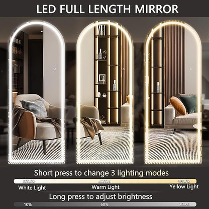 Hasipu 71" x 24" Led Mirror Full Length, Arch Full Length Mirror with Lights, Full Body Glass Mirror with Stand and LED,Tempered Glass,Shatter-Proof, Dimming & 3 Color Modes for Bedroom Cloakroom-UL