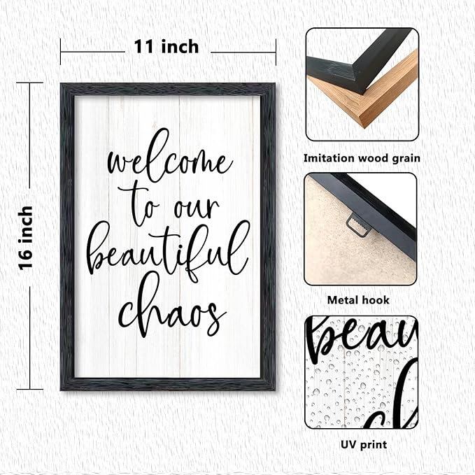 AuraPeak Welcome To Our Beautiful Chaos Sign Home Living Room Wall Decor Modern Family Rustic Farmhouse House Entryway Bedroom Hanging Horizontal Plaque Wall Art (Black 16"×11")
