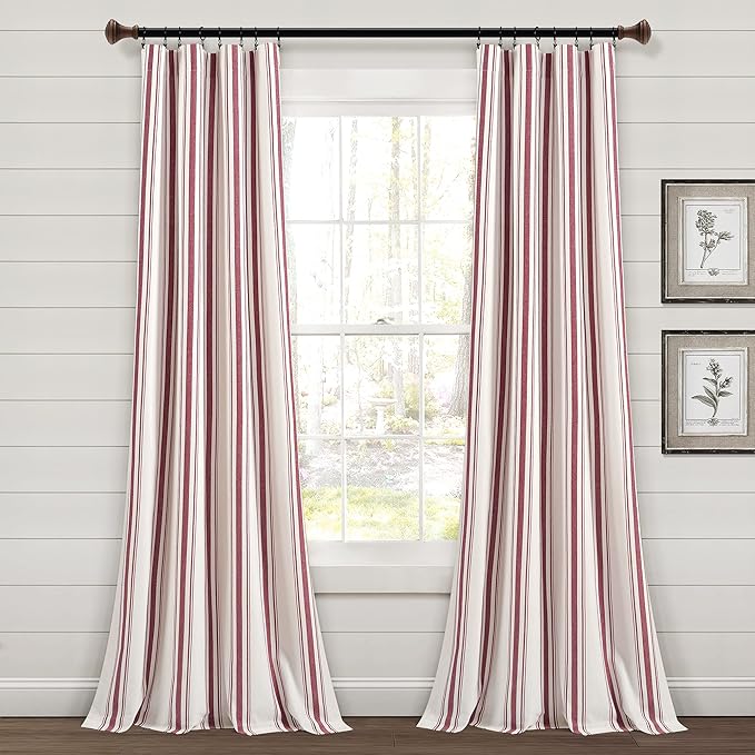 Lush Decor Farmhouse Stripe Yarn Dyed Eco-Friendly Recycled Cotton Window Curtain Panel Pair, 42" W x 95" L, Red - Classic Modern Rustic Charm - Eco Friendly Cotton Fabric