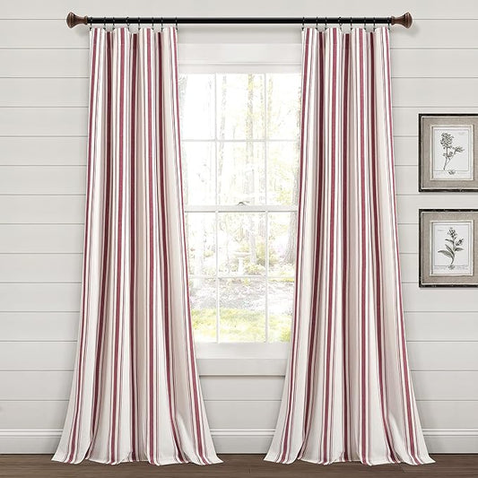 Lush Decor Farmhouse Stripe Yarn Dyed Eco-Friendly Recycled Cotton Window Curtain Panel Pair, 42" W x 95" L, Red - Classic Modern Rustic Charm - Eco Friendly Cotton Fabric