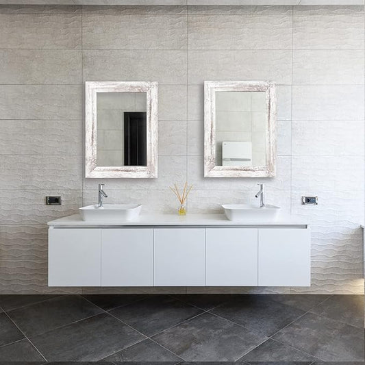 Syndra Wood Mirror with Frame, Rustic 24X32 Inch Wall Mounted Vanity Mirror with Large Wood Frame, Farmhouse Bathroom Mirror for Bedroom, Living Room, Entryway Wall Decor(White)