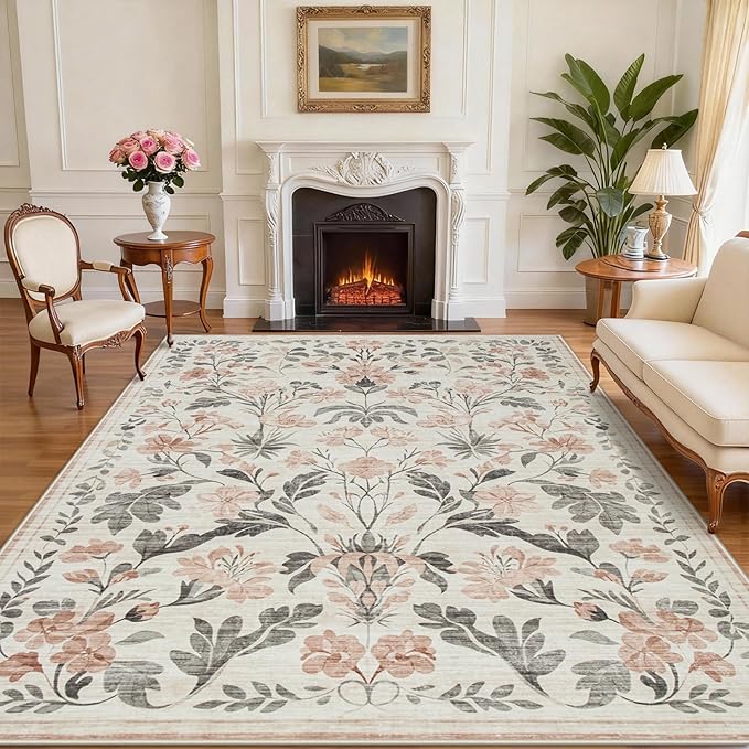 Area Rugs 9x12 Living Room: Lagre Boho Living Room Rug Soft Non-Slip Thin Carpet Indoor Floor Non-Shedding Neutral Floral Carpets for Bedroom Dining Room Farmhouse Nursery Pink