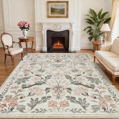 Area Rugs 9x12 Living Room: Lagre Boho Living Room Rug Soft Non-Slip Thin Carpet Indoor Floor Non-Shedding Neutral Floral Carpets for Bedroom Dining Room Farmhouse Nursery Pink