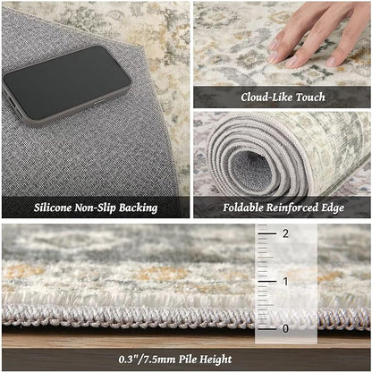 Washable 8x10 Area Rugs for Living Room, Boho Non-Slip Vintage Distress Large Rugs for Bedroom Dining Room Nursery Office, 0.3" Neutral Oriental Throw Thin Carpet, Grey/Beige/Multi, C2