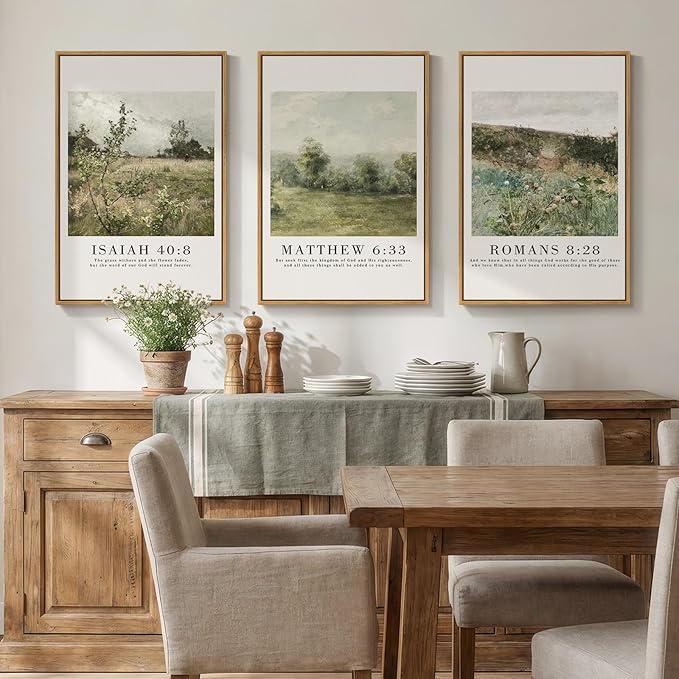 Framed Vintage Christian Wall Art Set of 3, Rustic Wildflower Landscape Bible Verse Canvas Prints, Neutral Beige Scripture Decor for Living Room Bedroom Office Prayer Room, 16x24 Inch