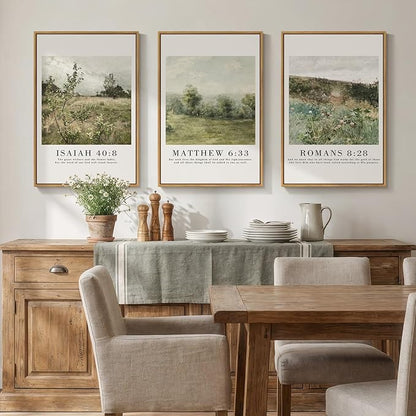Framed Vintage Christian Wall Art Set of 3, Rustic Wildflower Landscape Bible Verse Canvas Prints, Neutral Beige Scripture Decor for Living Room Bedroom Office Prayer Room, 16x24 Inch