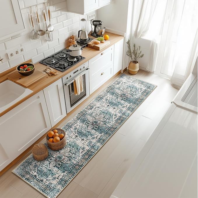 BESTSWEETIE 2x8 Area Rug Washable Rugs for Living Room, No Pile Boho Carpet for Entryway Bedroom Dinning Room, Vintage Carpet Print Distressed Non-Slip, 2 x 8 ft, Green