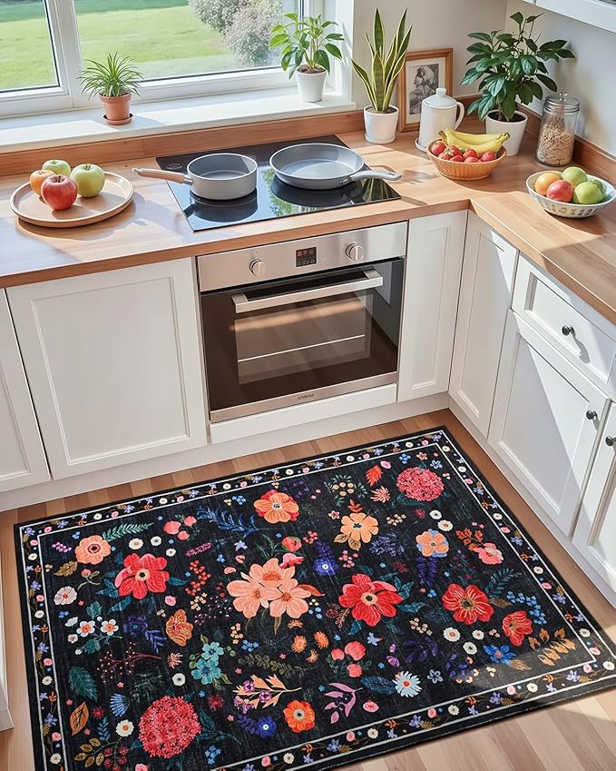 Macgace Black Floral Rug for Girls Bedroom, 3x5 Machine Washable Area Rugs with Non Slip Backingfor Living Room, Cute Flowers Carpet Kitchen Dining Room Kids Playroom Decor