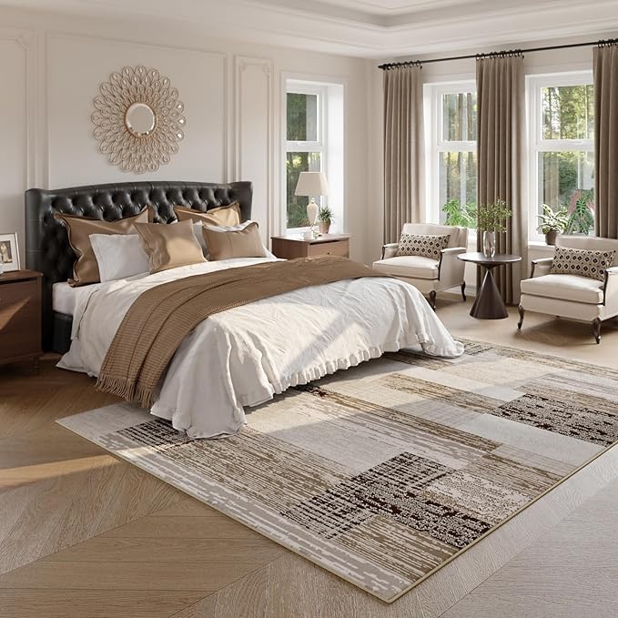 FlyDOIT Modern Geometric Patchwork Area Rug, 4x6 Beige Large Rugs for Living Room, Rockwood Collection Indoor Rugs for Bedroom, Throw Carpet Floor Decor for Entryway Dining Room Office Nursery