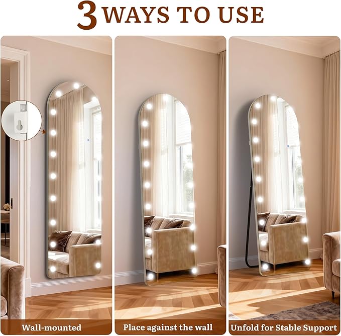 63"×20" Arched Hollywood Full Length Mirror, Standing/Leaning/Hanging Full Body Mirror with 19 Surrounding Lighted Bulbs, Floor Mirror with 3-Mode LED Lights for Bedroom and Living Room